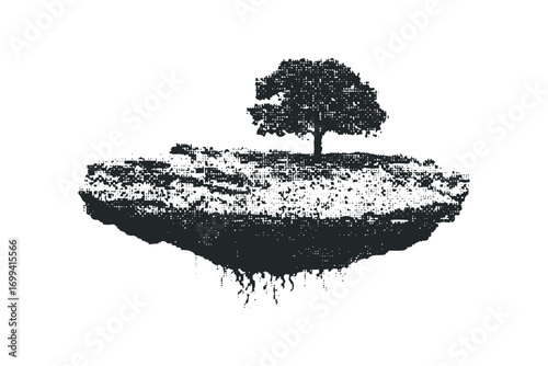 Isolated tree on textured floating island. Vector hand drawn illustration