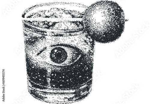 Stippled eye on a cocktail glass with a round garnish on a transparent background. Vector hand drawn illustration
