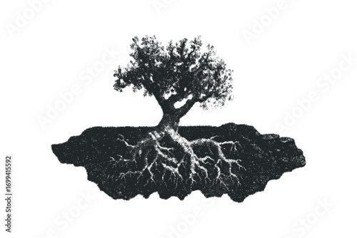 Dotted graphic of a solitary tree with exposed root system on transparent background. Vector hand drawn illustration