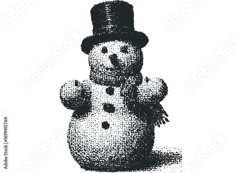 Black and white textured snowman in top hat and scarf. Vector hand drawn illustration