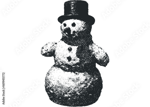 Textured snowman with top hat and scarf. Vector hand drawn illustration