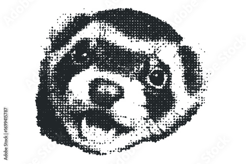 Distorted halftone depiction of a dog face on a transparent background, format. Vector hand drawn illustration