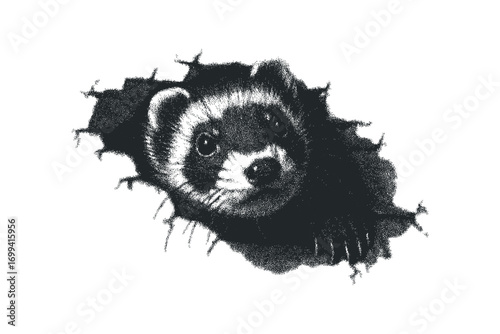 Ferret emerging from torn paper texture. Vector hand drawn illustration