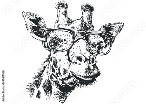 Pencil sketch of a giraffe wearing glasses on transparent background. Vector hand drawn illustration