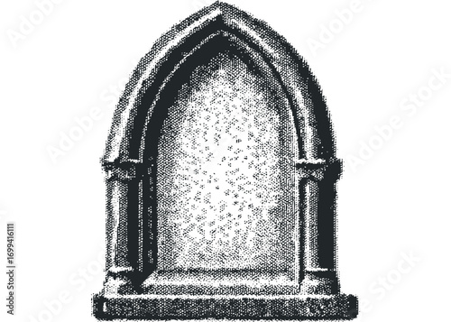 Gothic Archway Entrance Stone Structure Halftone Texture. Vector hand drawn illustration