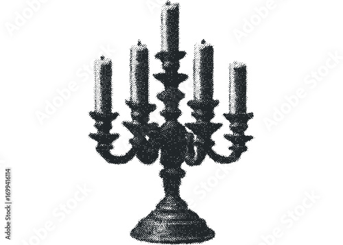 Ornate Candelabra with Five Candles on Transparent Background. Vector hand drawn illustration