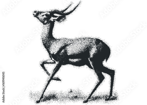 Gazelle leaping on transparent background, stippled drawing. Vector hand drawn illustration