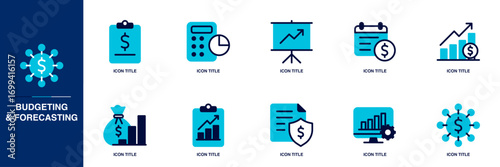 Budgeting & Forecasting Blue Colored Outline Icon Set