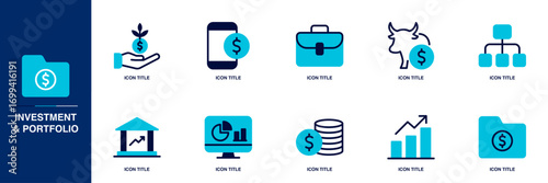 Investment & Portfolio Blue Colored Outline Icon Set