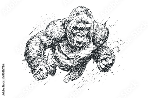 Hand Drawn Gorilla Image with Ink Splatter Effect. Vector hand drawn illustration