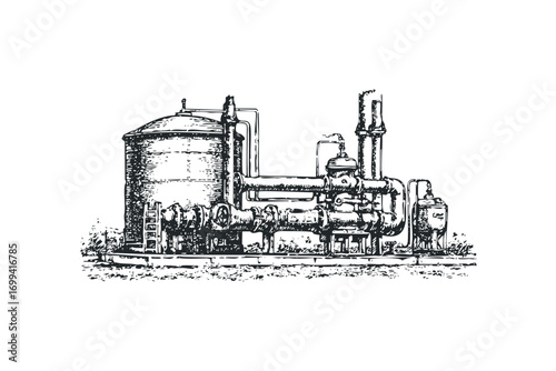Industrial facility with pipes and tank on transparent background, ink drawing. Vector hand drawn illustration