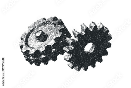 Interlocking gears composed of dots on a transparent background. Vector hand drawn illustration