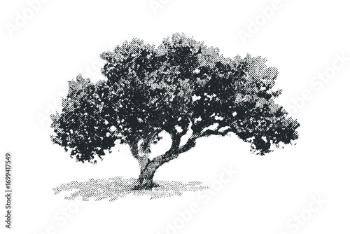 Grayscale Halftone Tree with Branches and Leaves. Vector hand drawn illustration