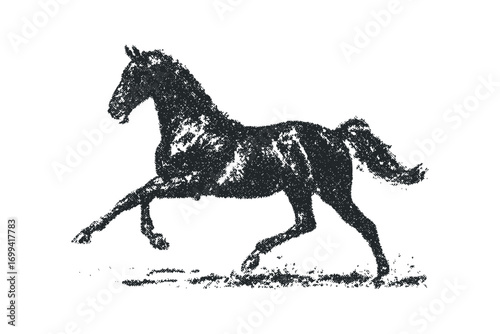 Galloping Horse in Textured Stipple Style Isolated on White. Vector hand drawn illustration