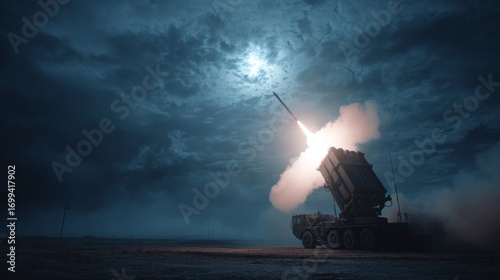 a nighttime scene at a military base where a patriot missile system is actively engaged in a missile launch