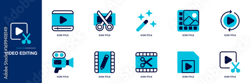 Video Editing Blue Colored Outline Icon Set