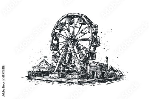 Sketch of a Ferris wheel and amusement park attractions on a transparent background. Vector hand drawn illustration