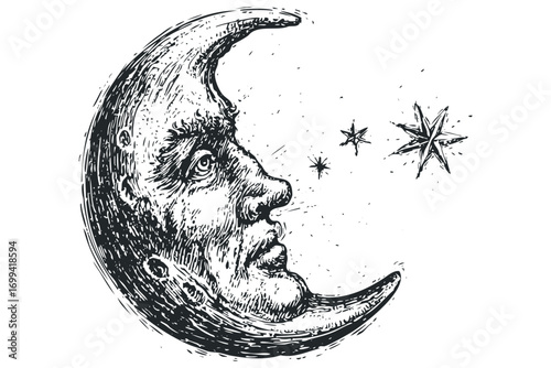 Man in Crescent Moon Illustration with Stars. Vector hand drawn illustration