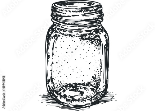 Pint Mason Jar with Metal Lid Sketch on Transparent Background. Vector hand drawn illustration
