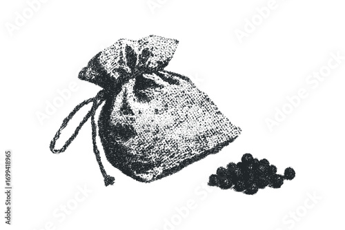 Dot art drawing of a burlap sack with peppercorns. Vector hand drawn illustration