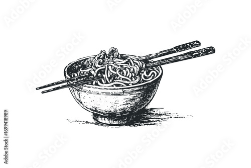 Noodle bowl with chopsticks sketch on transparent background. Vector hand drawn illustration