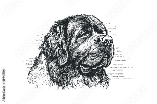 Sketch portrait of a Newfoundland dog on a transparent background. Vector hand drawn illustration