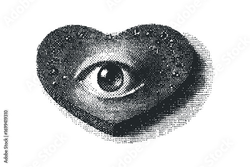 Heart shape with a prominent eye in vintage halftone style on transparent background. Vector hand drawn illustration