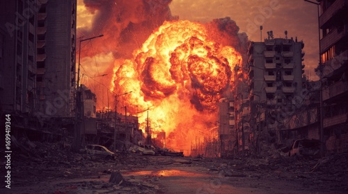 an intense scene of destruction, with a large explosion at the center of a city street. surrounding buildings are severely damaged, and debris is strewn across the area