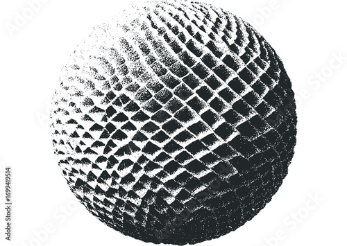 Textured sphere with stippled shading and grid overlay on transparent background. Vector hand drawn illustration