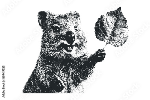 Quokka holding a leaf image on transparent background. Vector hand drawn illustration