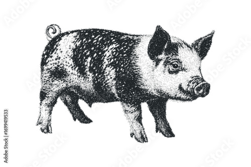 Piglet with speckled coat on a transparent background. Vector hand drawn illustration