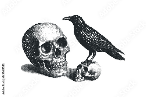 Halftone Crow Perched on Skull Transparent Background. Vector hand drawn illustration
