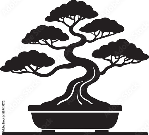 Elegant Bonsai Tree Vector Illustration in Pot Japanese Zen Art Silhouette Design for Logo Tattoo Decoration Sticker Print Minimalist Graphic and Digital Download