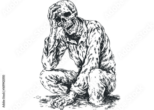 Distressed Skeleton Crouching with Hand on Head, Transparent. Vector hand drawn illustration