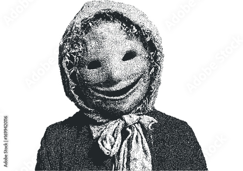 Person wearing textured mask with flowing fabric,. Vector hand drawn illustration