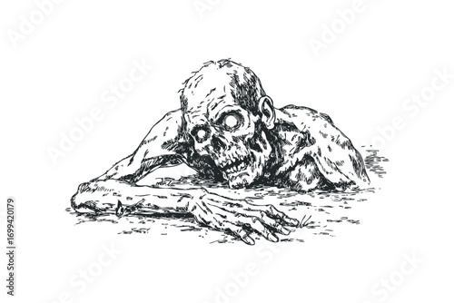 Scary zombie crawling out of dirt, image on transparent background. Vector hand drawn illustration