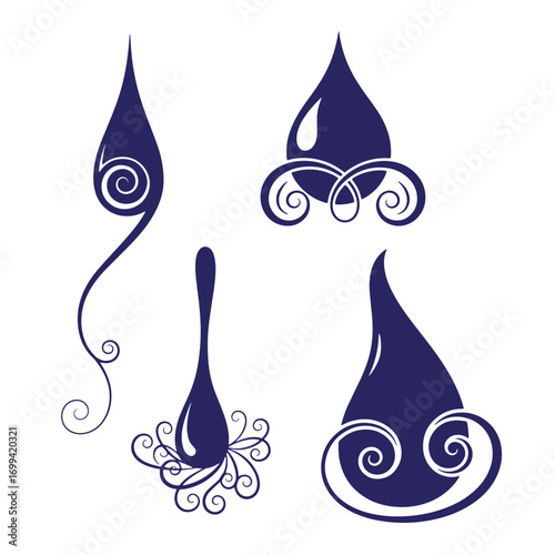 Elegant abstract design composed of stylized water drops and decorative swirls elements