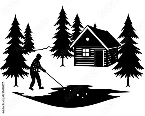 Person ice fishing on frozen lake,  vector illustration