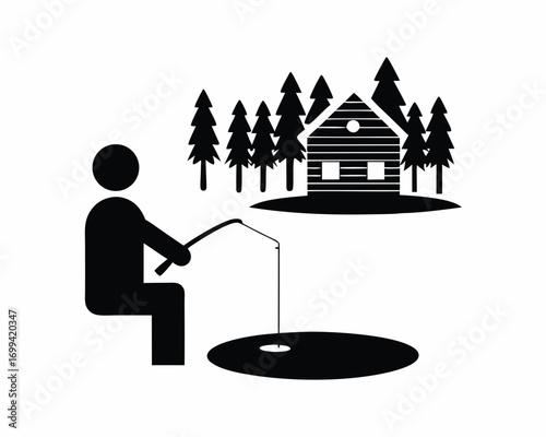 Person ice fishing on frozen lake,  vector illustration