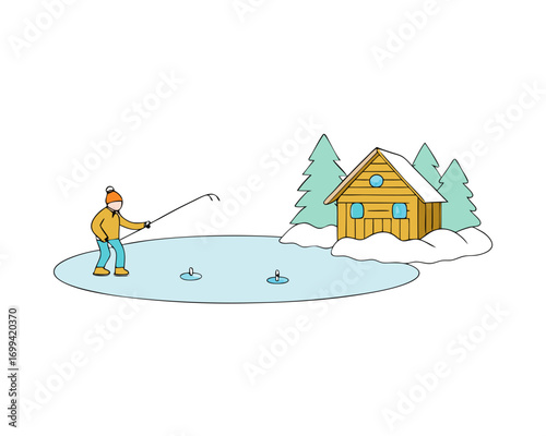 Person ice fishing on frozen lake,  vector illustration