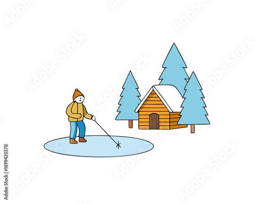 Person ice fishing on frozen lake,  vector illustration