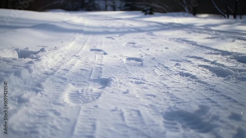 Fresh Snow Footprints Tracking Through Pristine White Landscape in Bright Daylight