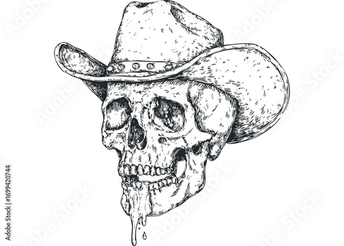 Detailed sketch of a skull wearing a cowboy hat with dripping liquid. Vector hand drawn illustration