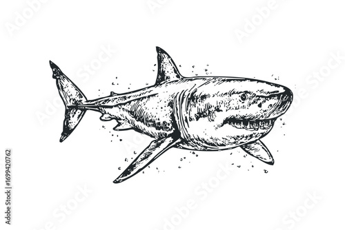 Penciled shark aquatic predator sketch on transparent background. Vector hand drawn illustration