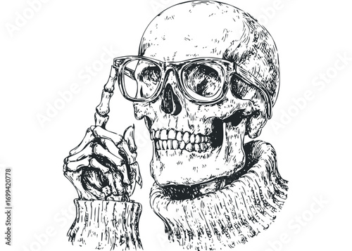 Skeleton wearing glasses and sweater pointing to chin on transparent background. Vector hand drawn illustration