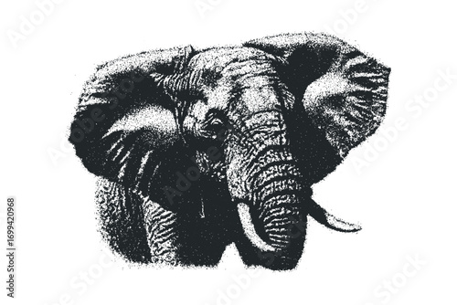 Elephant stippled portrait, image on transparent background. Vector hand drawn illustration