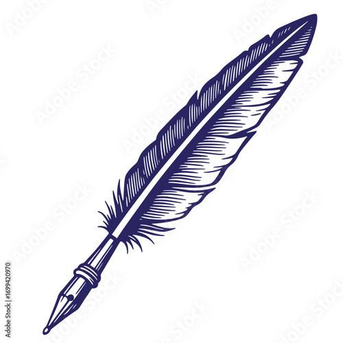 Detailed dark blue quill pen drawn with engraving style on white background