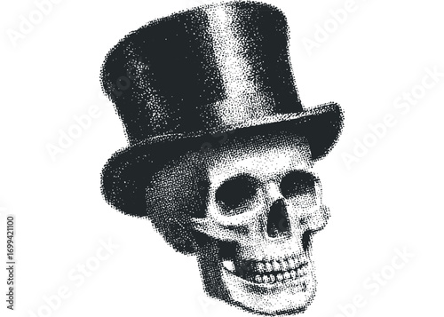 Sk leton wearing a top hat image with stippling texture. Vector hand drawn illustration