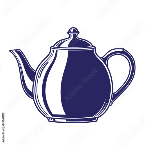 Elegant blue and white illustration of a classic teapot ready for brewing tea