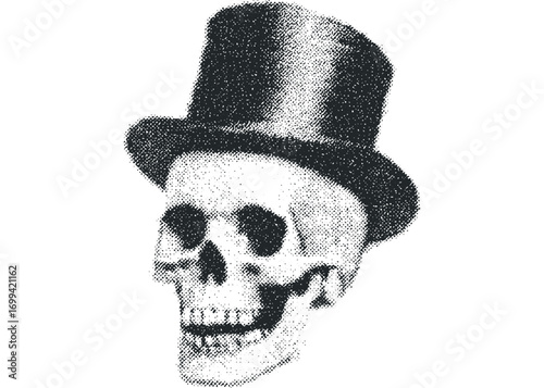 Halftone skull wearing a top hat. Vector hand drawn illustration